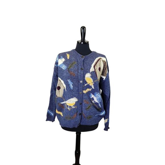 Northern Treasures Sweaters - Vintage Northern Treasures Birdhouse Cardigan Sweater Blue Cottage XL